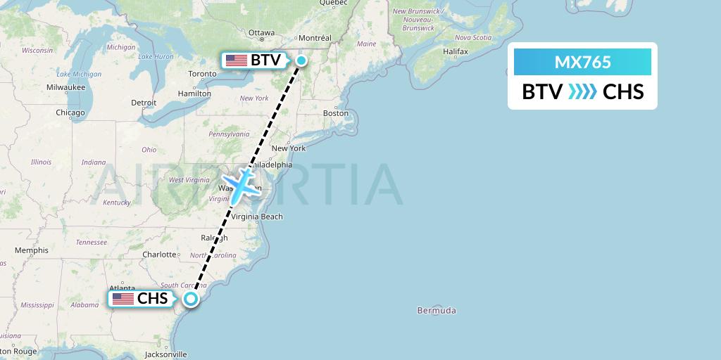 MX765 Breeze Airways Flight Map: Burlington to Charleston