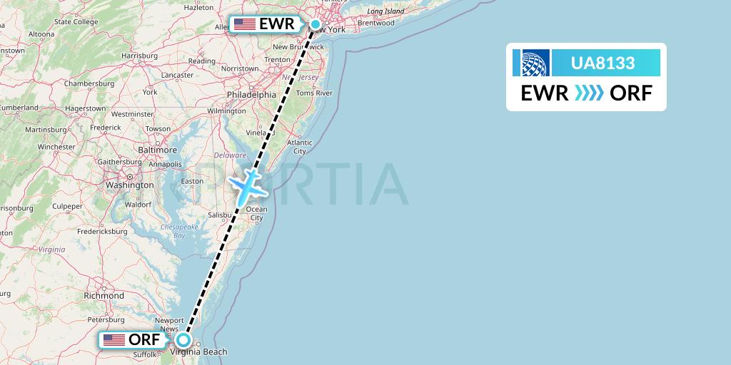 UA8133 United Airlines Flight Map: New York to Norfolk