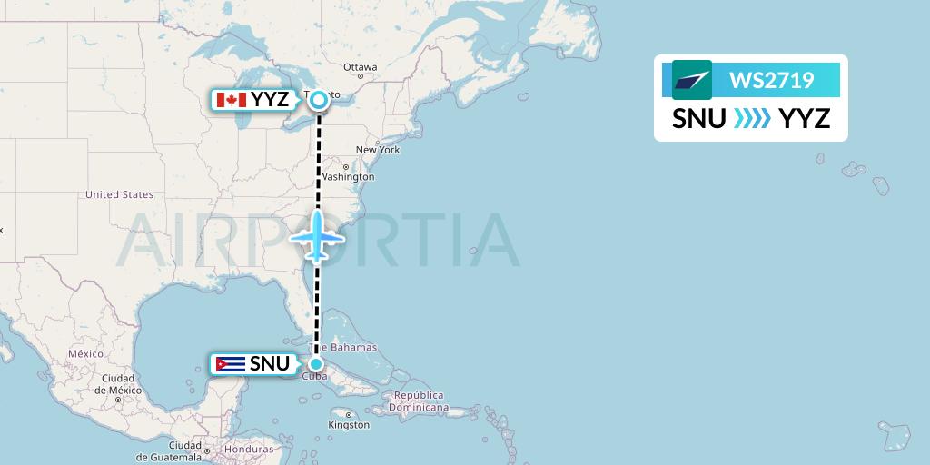 WS2719 WestJet Flight Map: Santa Clara to Toronto