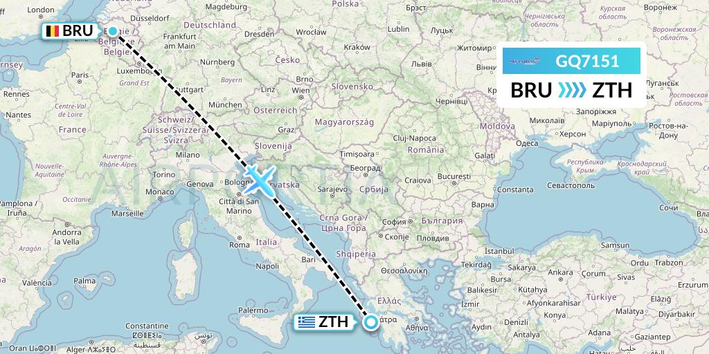 GQ7151 Sky Express (Greece) Flight Map: Brussels to Zakynthos