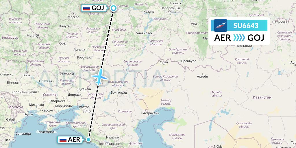 SU6643 Aeroflot Flight Map: Sochi to Nizhny Novgorod