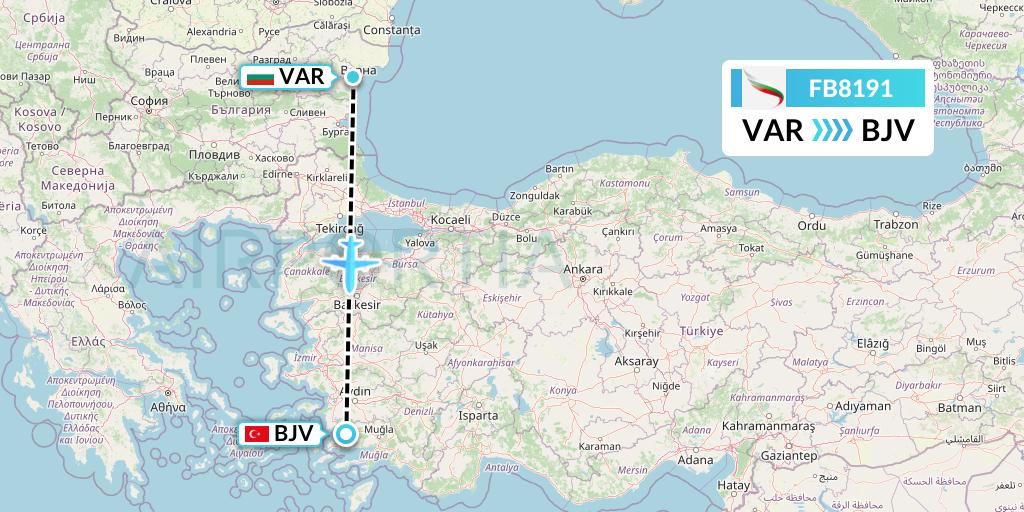 FB8191 Bulgaria Air Flight Map: Varna to Bodrum