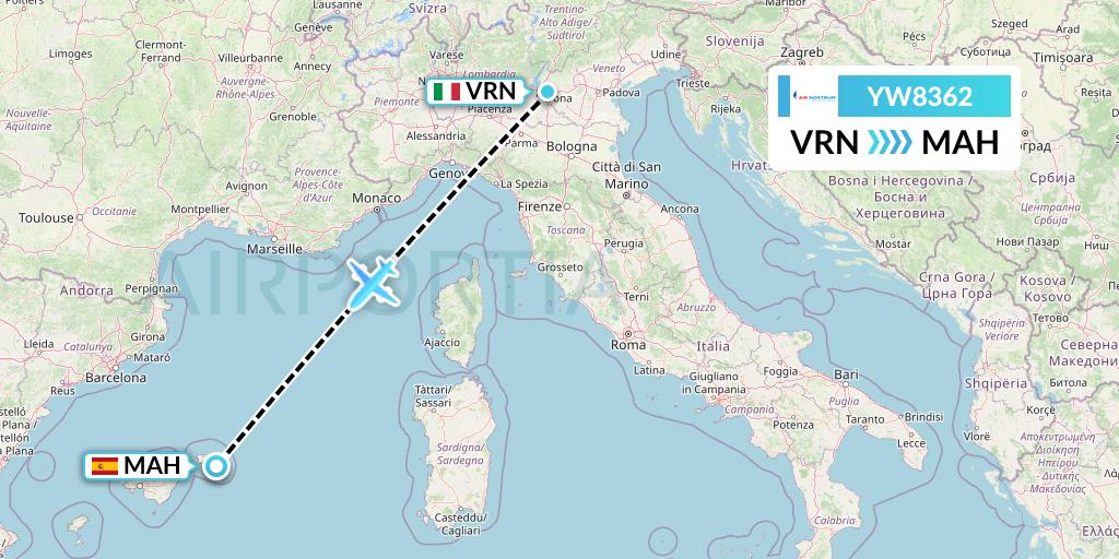 YW8362 Air Nostrum Flight Map: Verona to Mahon