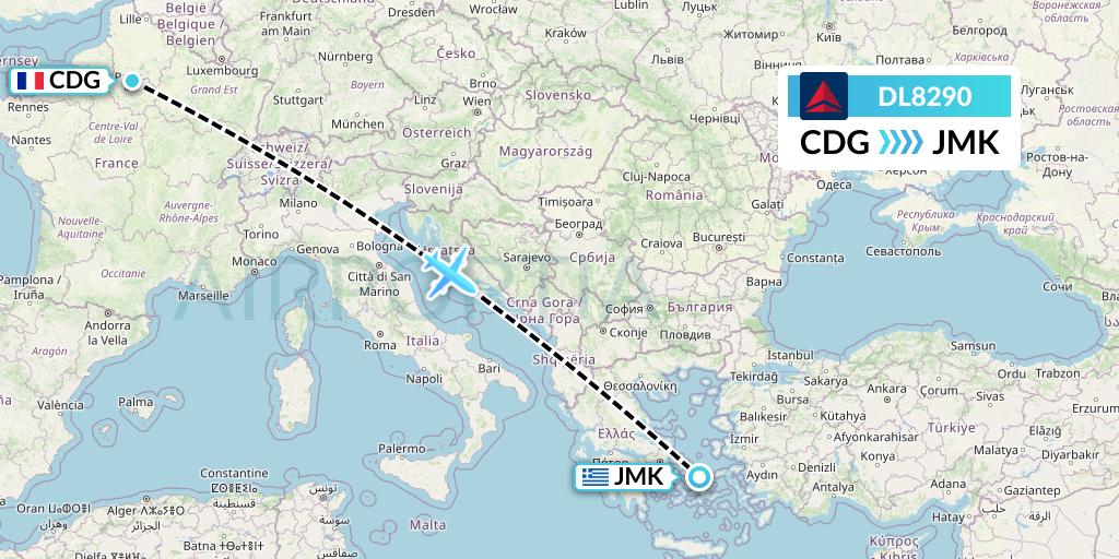 DL8290 Delta Air Lines Flight Map: Paris to Mykonos