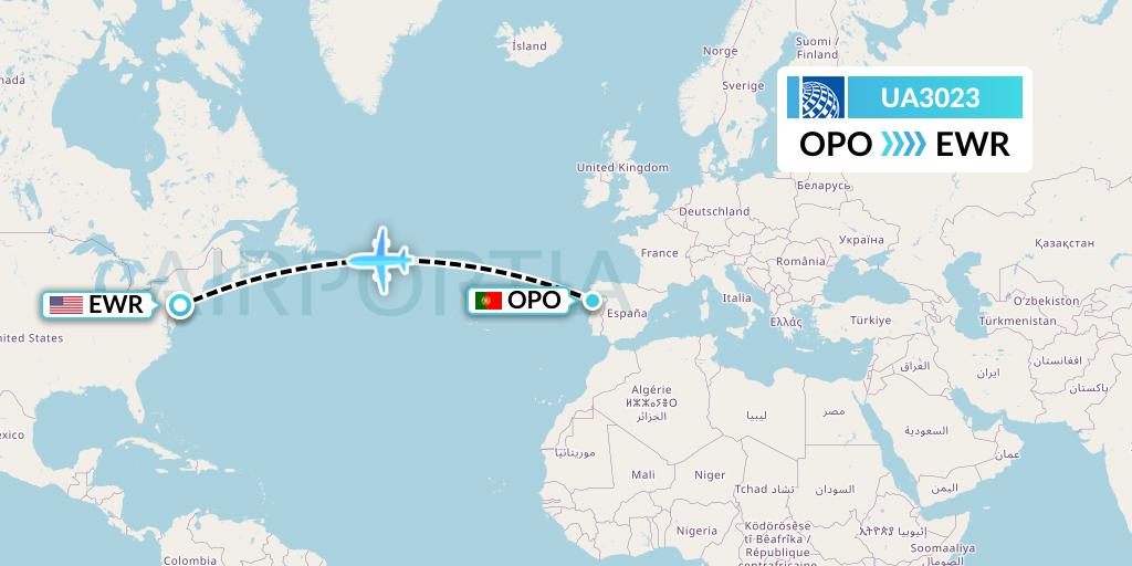 UA3023 United Airlines Flight Map: Porto to New York