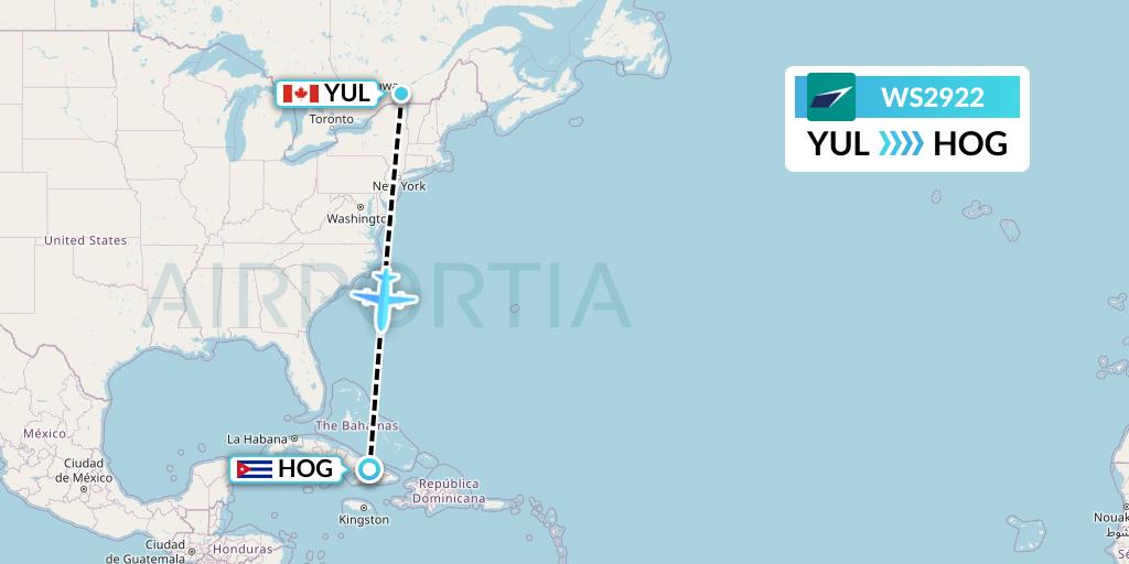 WS2922 WestJet Flight Map: Montreal to Holguin