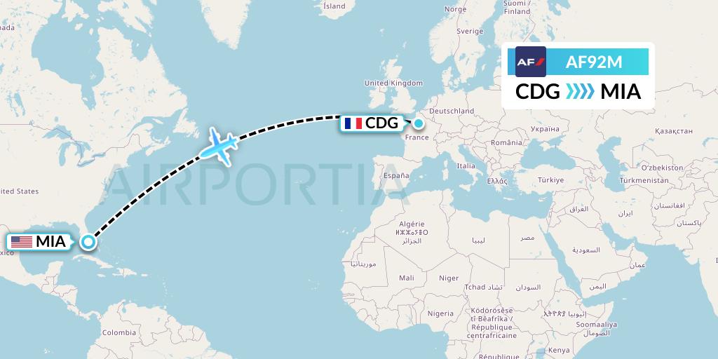AF92M Air France Flight Map: Paris to Miami