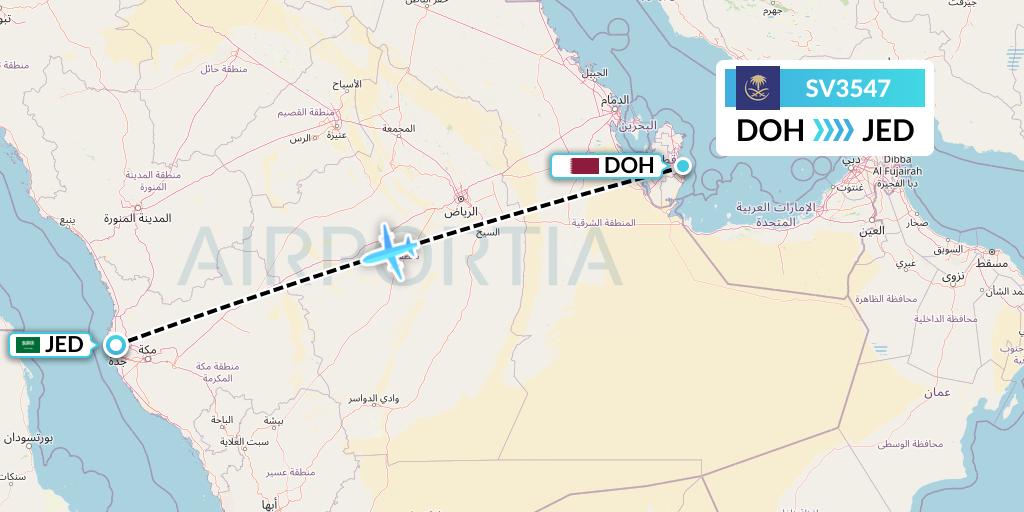 SV3547 Saudi Arabian Airlines Flight Map: Doha to Jeddah