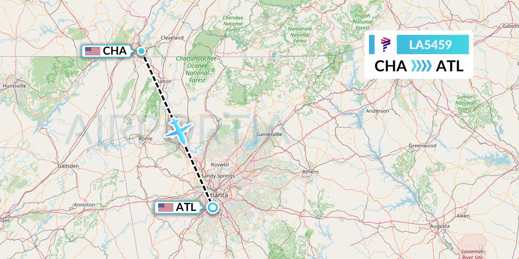 LA5459 LAN Airlines Flight Map: Chattanooga to Atlanta