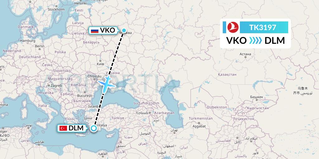 TK3197 Turkish Airlines Flight Map: Moscow to Dalaman