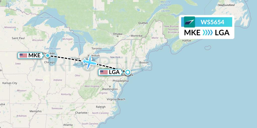 WS5654 WestJet Flight Map: Milwaukee to New York