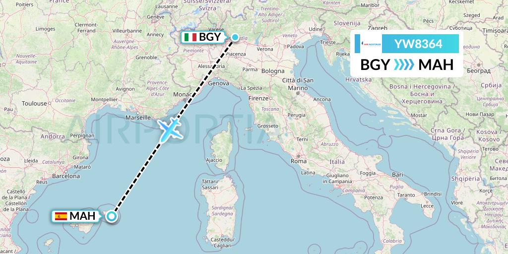 YW8364 Air Nostrum Flight Map: Milan to Mahon