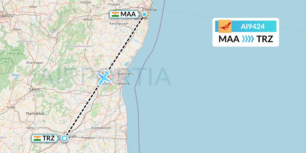 AI9424 Air India Flight Map: Chennai to Tiruchirapalli
