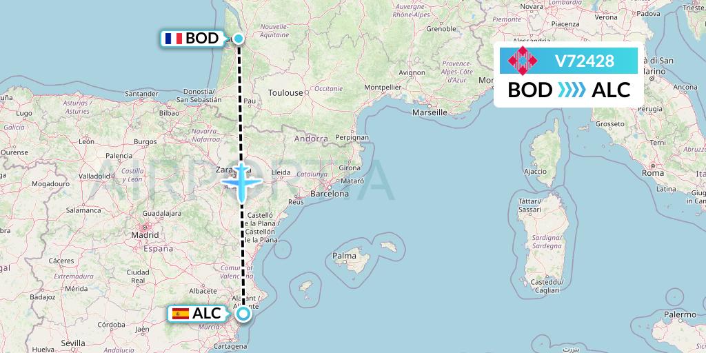 V72428 Volotea Flight Map: Bordeaux to Alicante