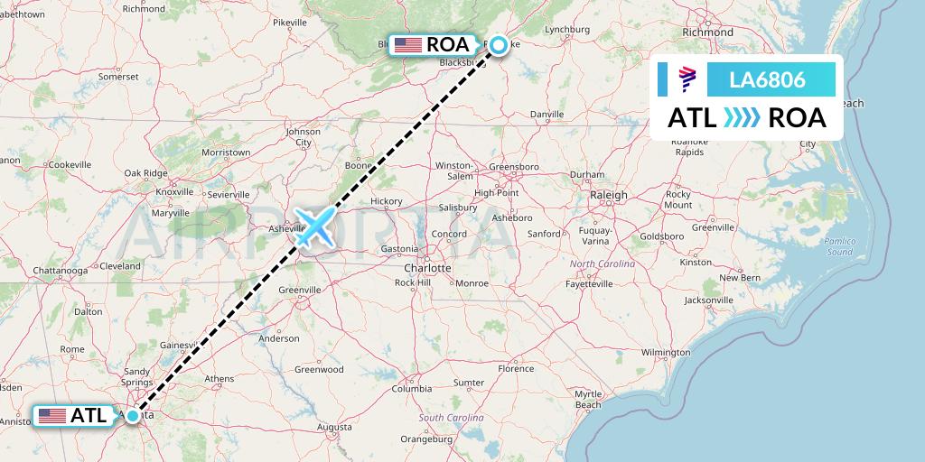 LA6806 LAN Airlines Flight Map: Atlanta to Roanoke