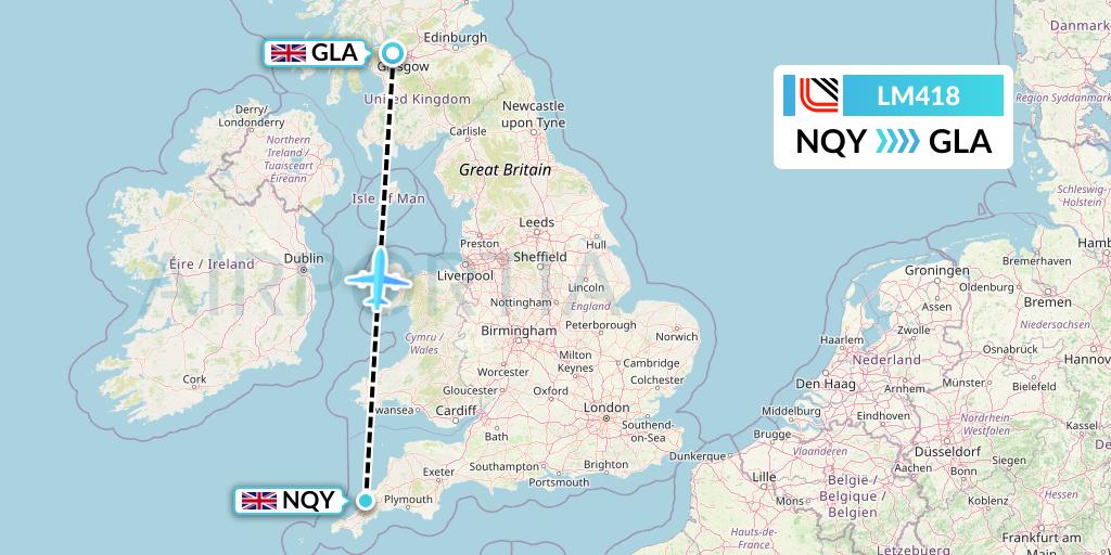 LM418 Loganair Flight Map: Newquay to Glasgow