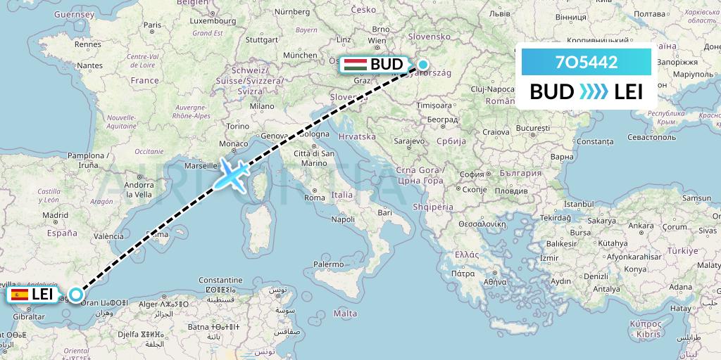 7O5442 Travel Service Hungary Flight Map: Budapest to Almeria