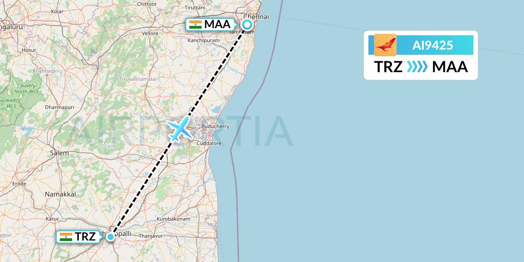 AI9425 Air India Flight Map: Tiruchirapalli to Chennai