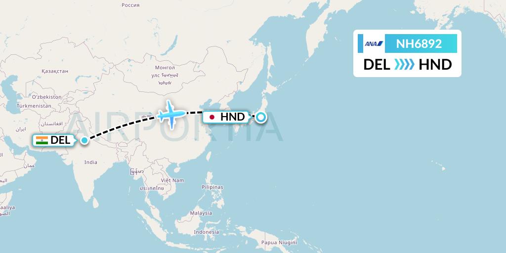 NH6892 All Nippon Airways Flight Map: Delhi to Tokyo
