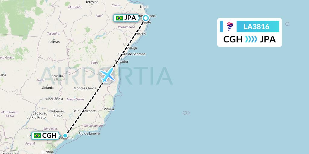 LA3816 LAN Airlines Flight Map: Sao Paulo to Joao Pessoa