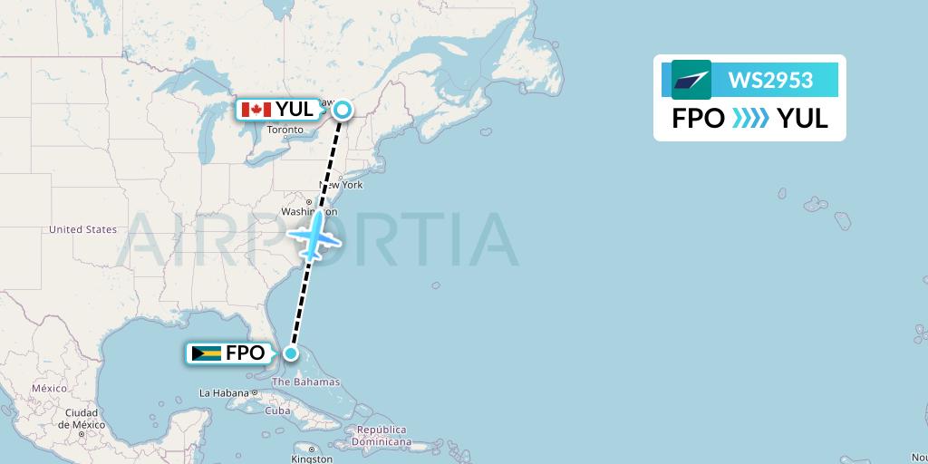 WS2953 WestJet Flight Map: Freeport to Montreal