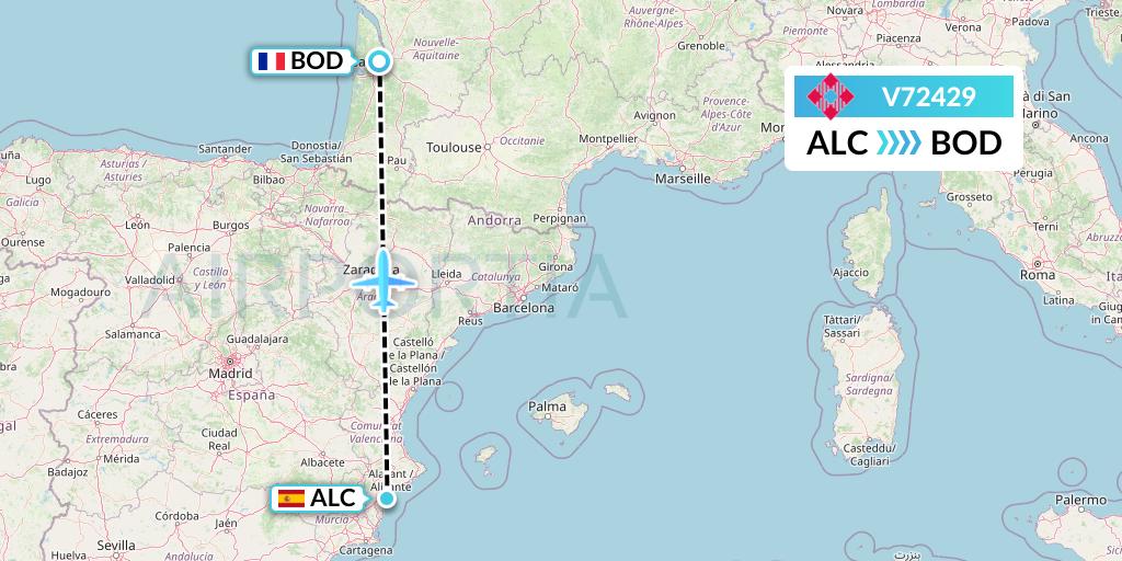 V72429 Volotea Flight Map: Alicante to Bordeaux