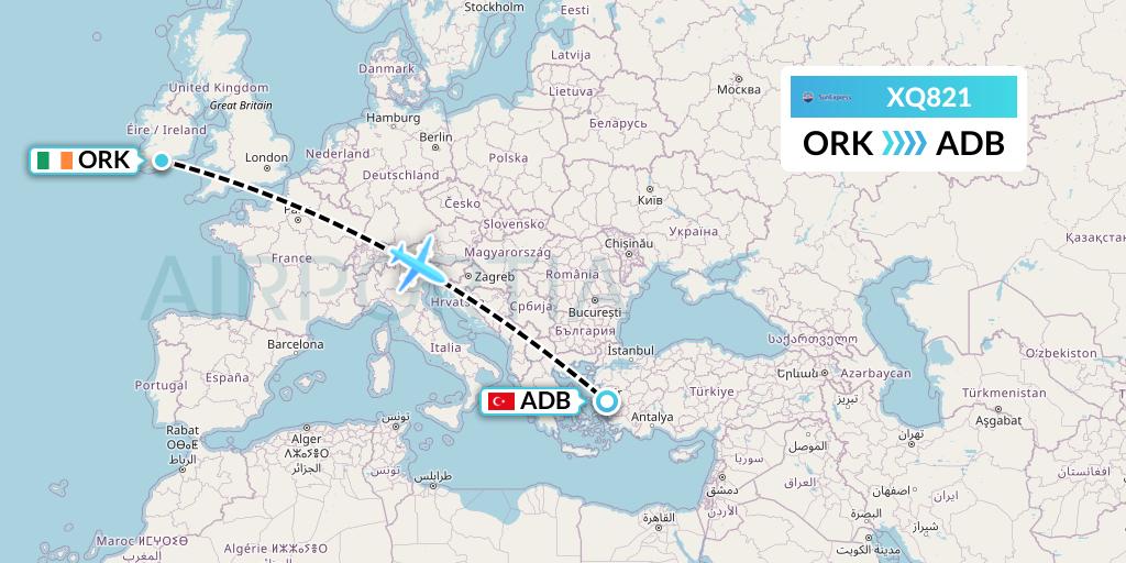 XQ821 SunExpress Flight Map: Cork to Izmir