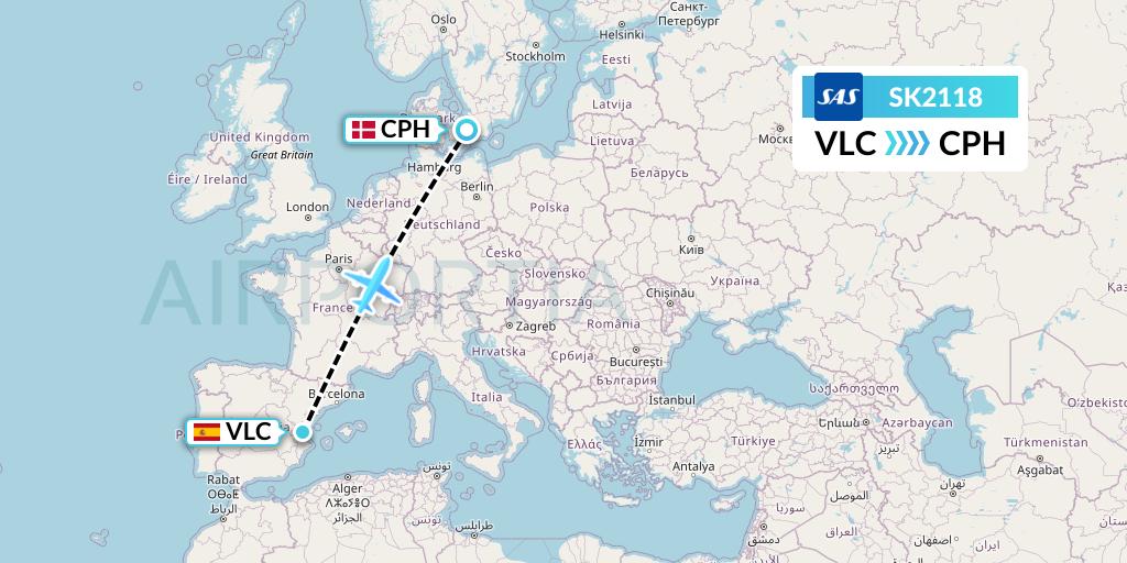SK2118 SAS Flight Map: Valencia to Copenhagen
