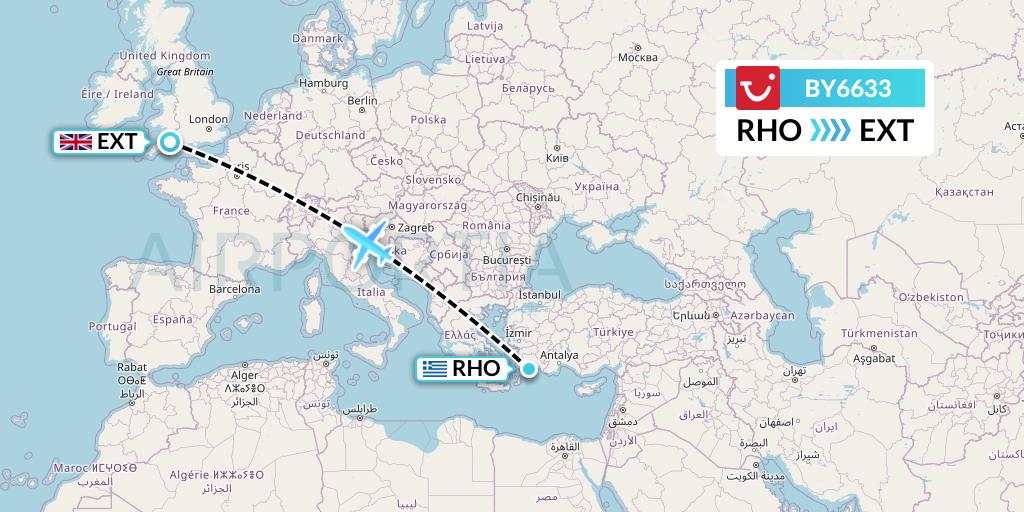 BY6633 TUI Airways Flight Map: Rhodes to Exeter