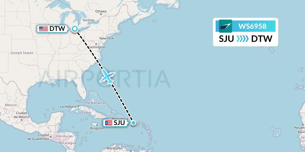 WS6958 WestJet Flight Map: San Juan to Detroit