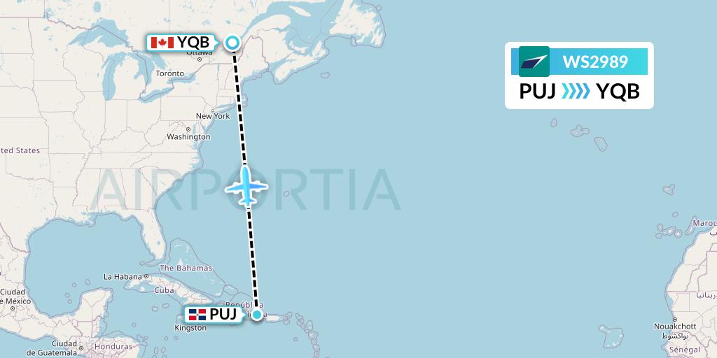 WS2989 WestJet Flight Map: Punta Cana to Quebec
