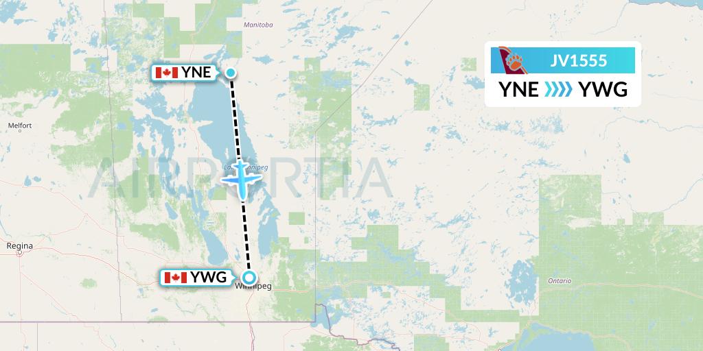 JV1555 Bearskin Airlines Flight Map: Norway House to Winnipeg
