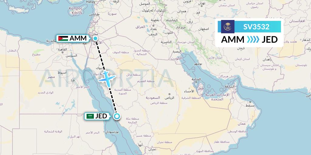 SV3532 Saudi Arabian Airlines Flight Map: Amman to Jeddah