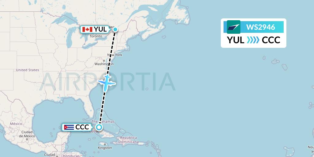 WS2946 WestJet Flight Map: Montreal to Cayo Coco