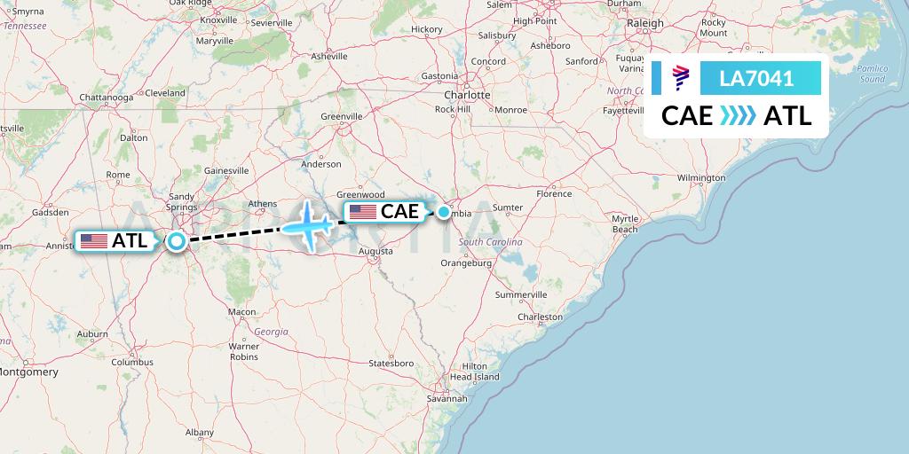 LA7041 LAN Airlines Flight Map: Columbia to Atlanta
