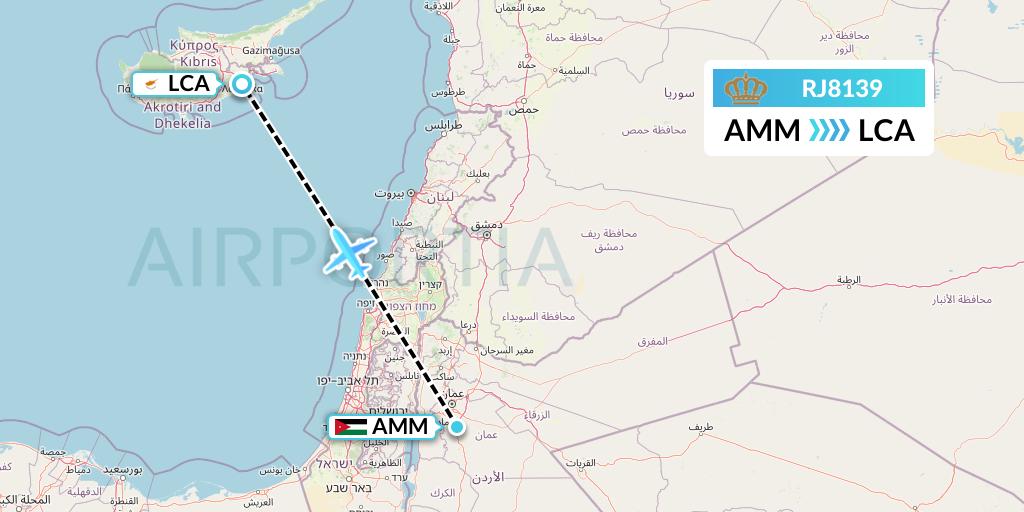RJ8139 Royal Jordanian Flight Map: Amman to Larnaca