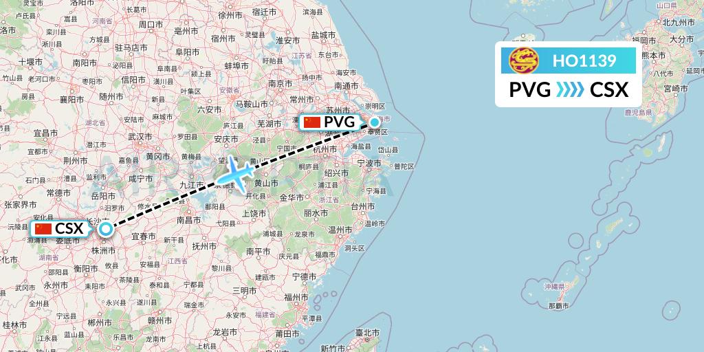 HO1139 Juneyao Airlines Flight Map: Shanghai to Changsha