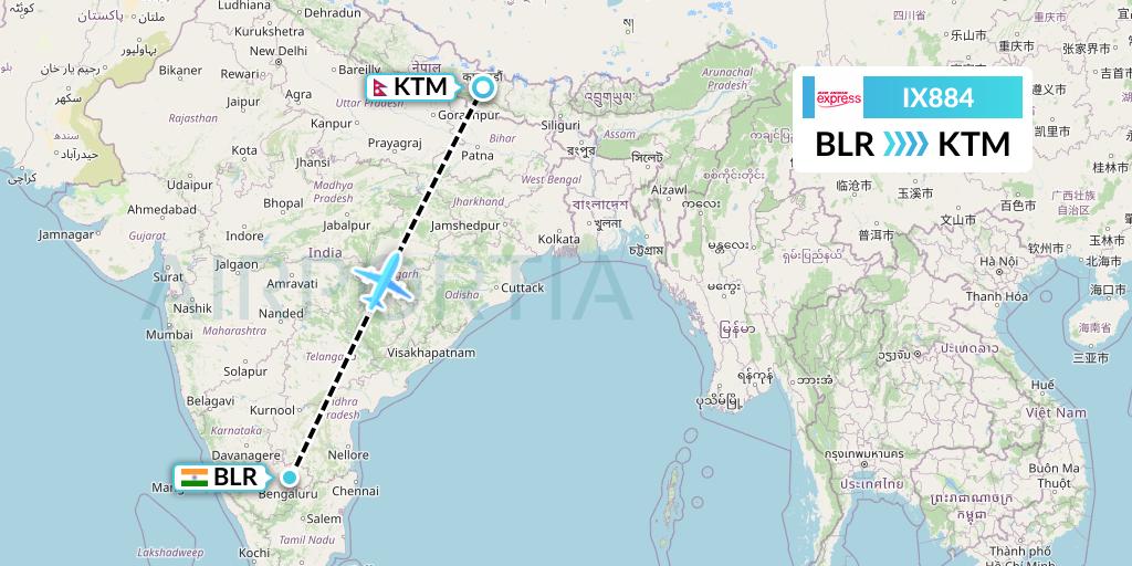 IX884 Air India Express Flight Map: Bangalore to Kathmandu