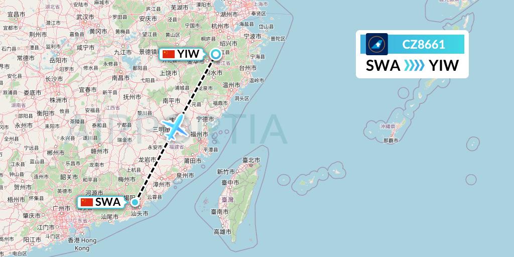 CZ8661 China Southern Airlines Flight Map: Jieyang to Yiwu