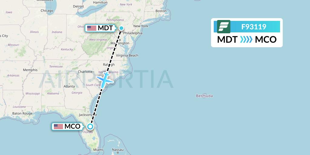F93119 Frontier Airlines Flight Map: Harrisburg to Orlando