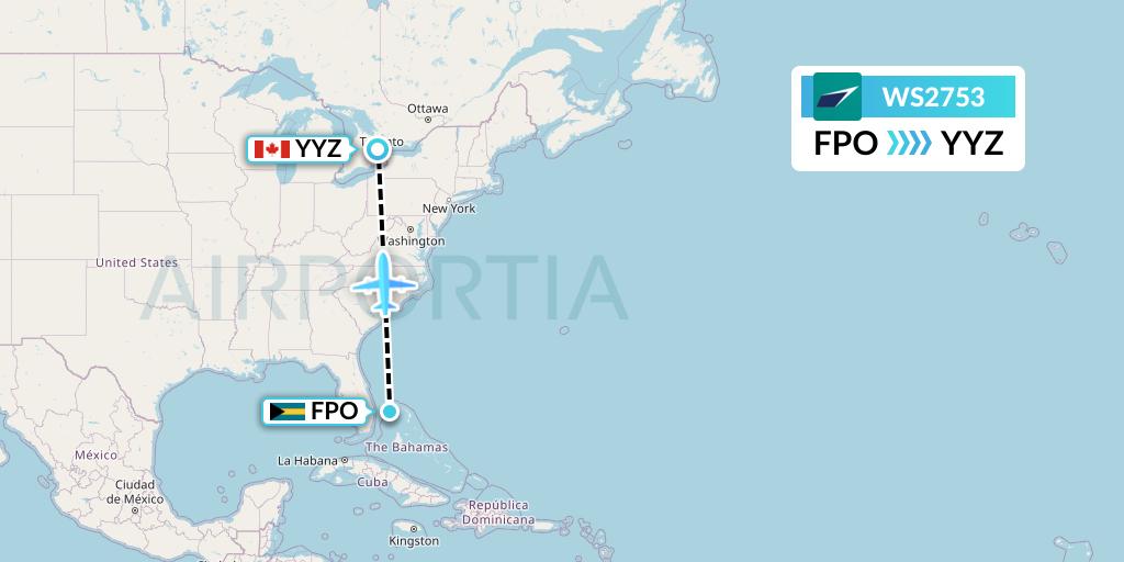 WS2753 WestJet Flight Map: Freeport to Toronto