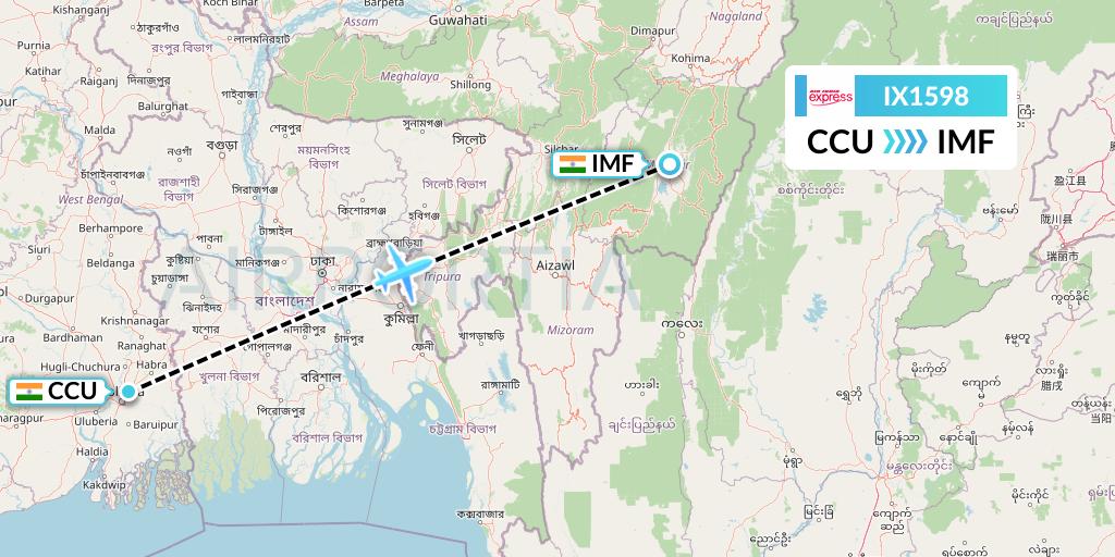 IX1598 Air India Express Flight Map: Kolkata to Imphal