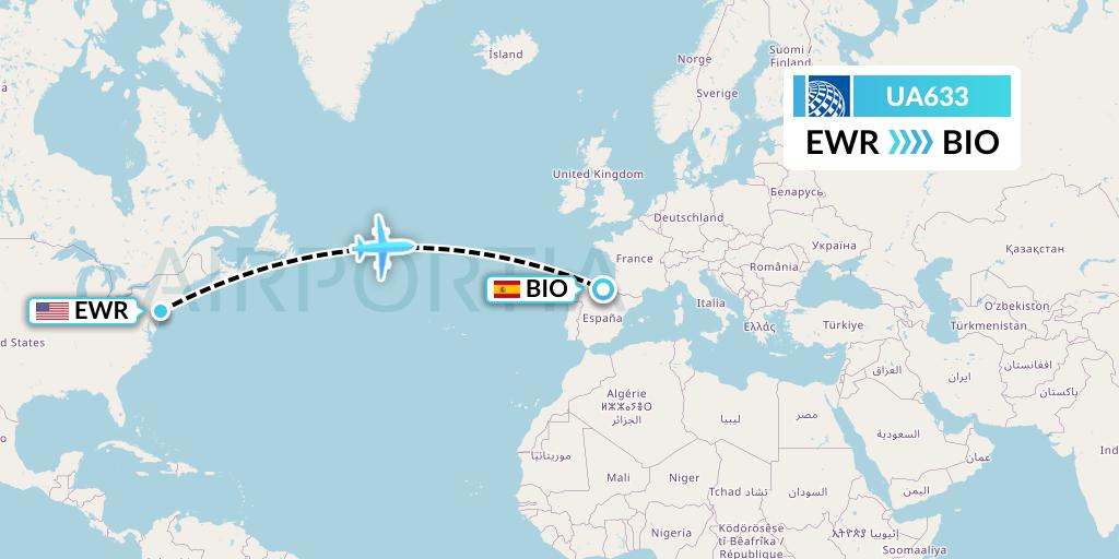 UA633 United Airlines Flight Map: New York to Bilbao