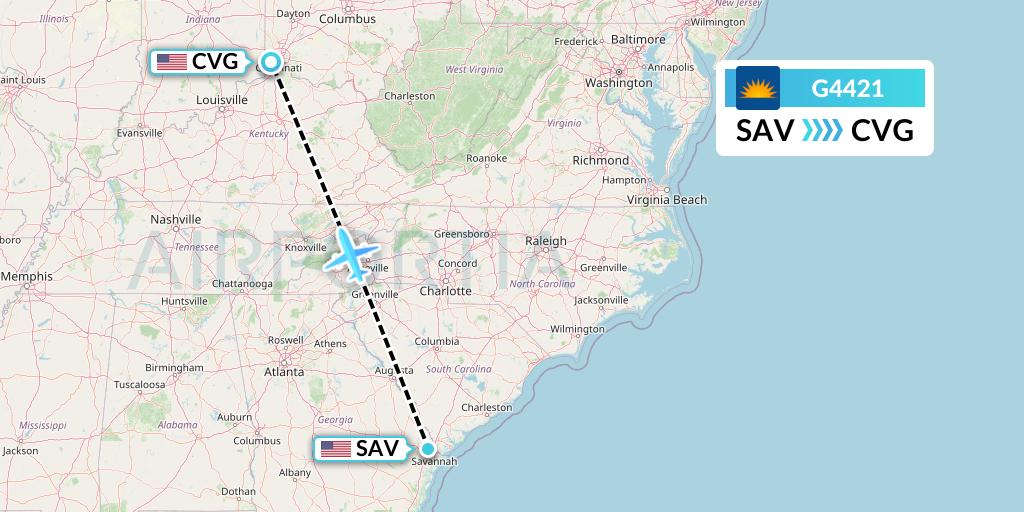 G4421 Allegiant Air Flight Map: Savannah to Cincinnati