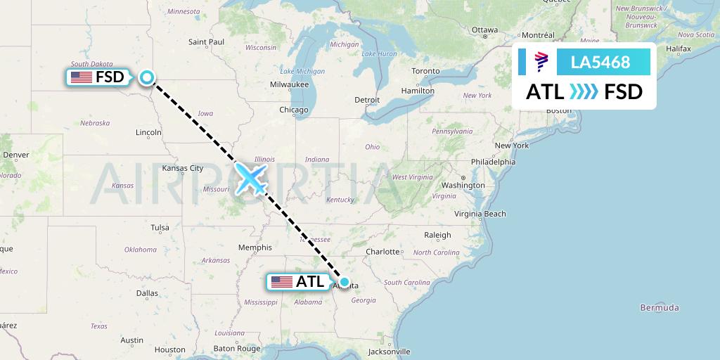 LA5468 LAN Airlines Flight Map: Atlanta to Sioux Falls