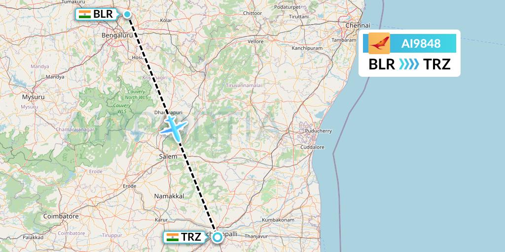 AI9848 Air India Flight Map: Bangalore to Tiruchirapalli