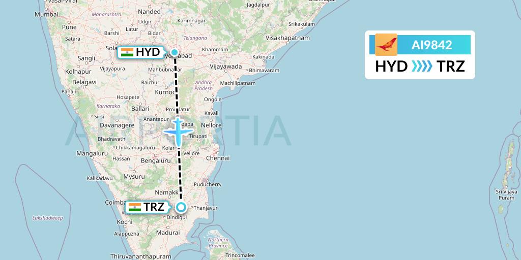 AI9842 Air India Flight Map: Hyderabad to Tiruchirapalli