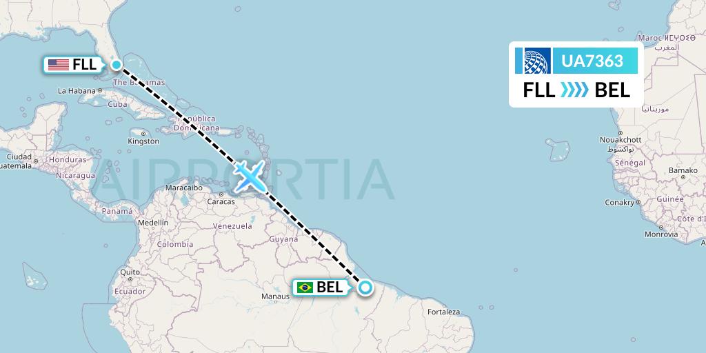 UA7363 United Airlines Flight Map: Fort Lauderdale to Belem
