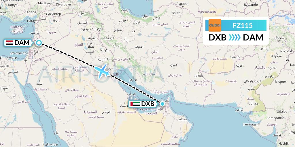 FZ115 FlyDubai Flight Map: Dubai to Damascus