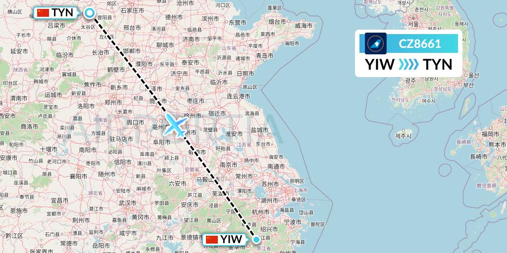 CZ8661 China Southern Airlines Flight Map: Yiwu to Taiyuan
